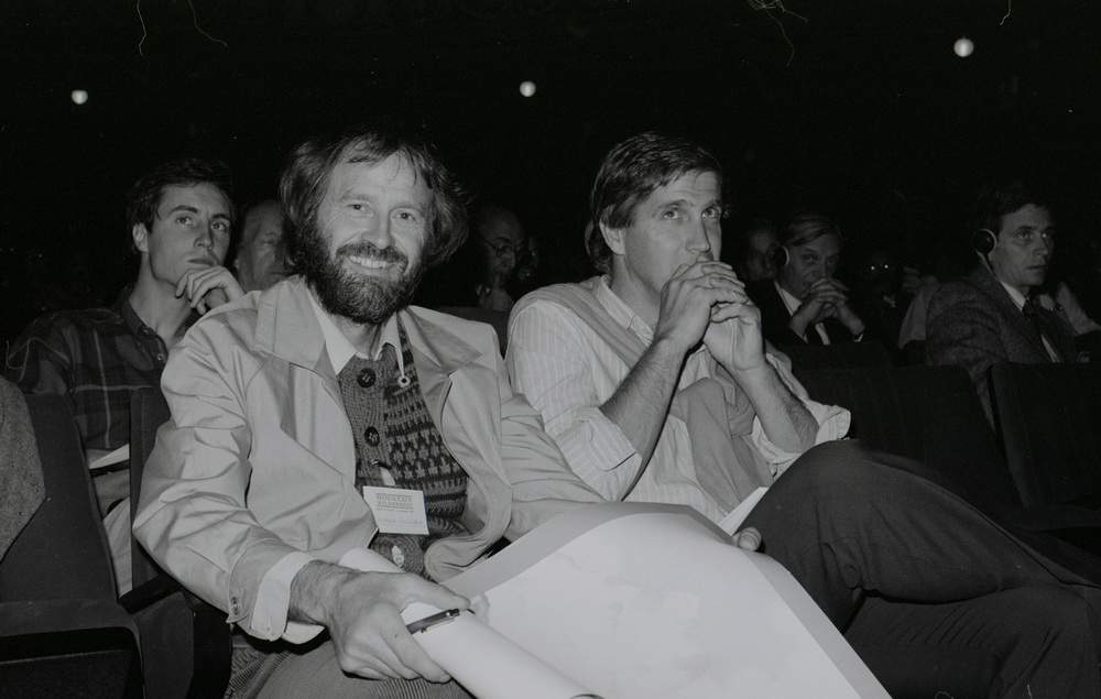 Convegno di Biella per Mountain Wilderness, primi novembre 1987, Richard Goedeke (a sinistra) e José Luis Fonrouge