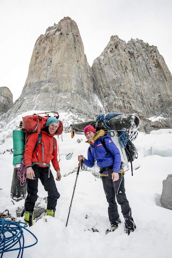 Ines Papert and Mayan Smith-Gobat descending after they have climbed the route riders on the storm in Torres del Paine